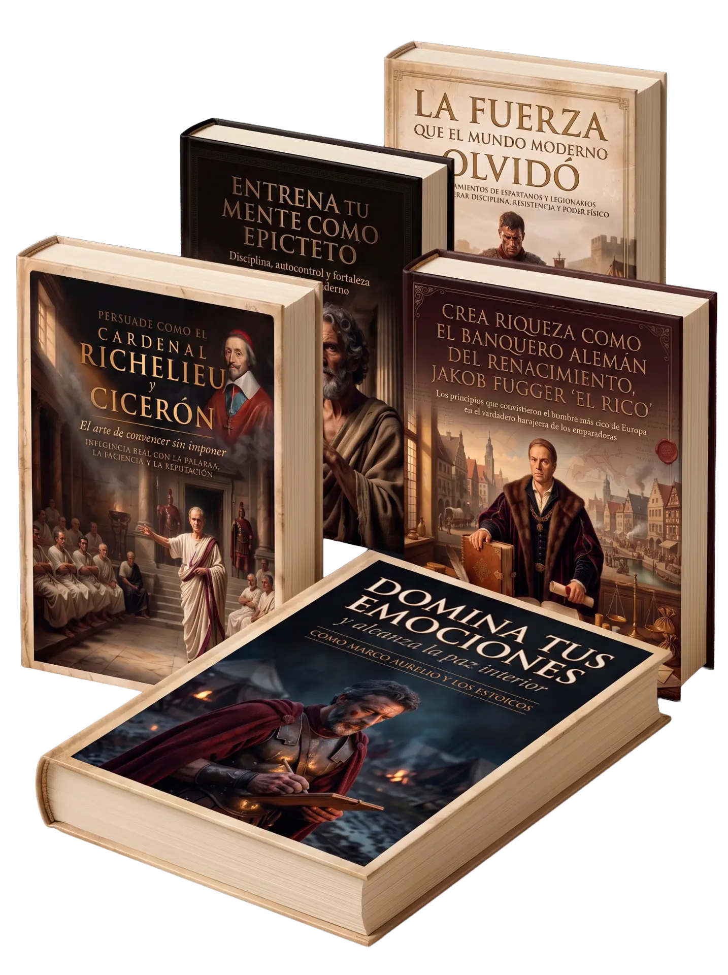 Los cinco manuales de El legado oculto apilados en perspectiva